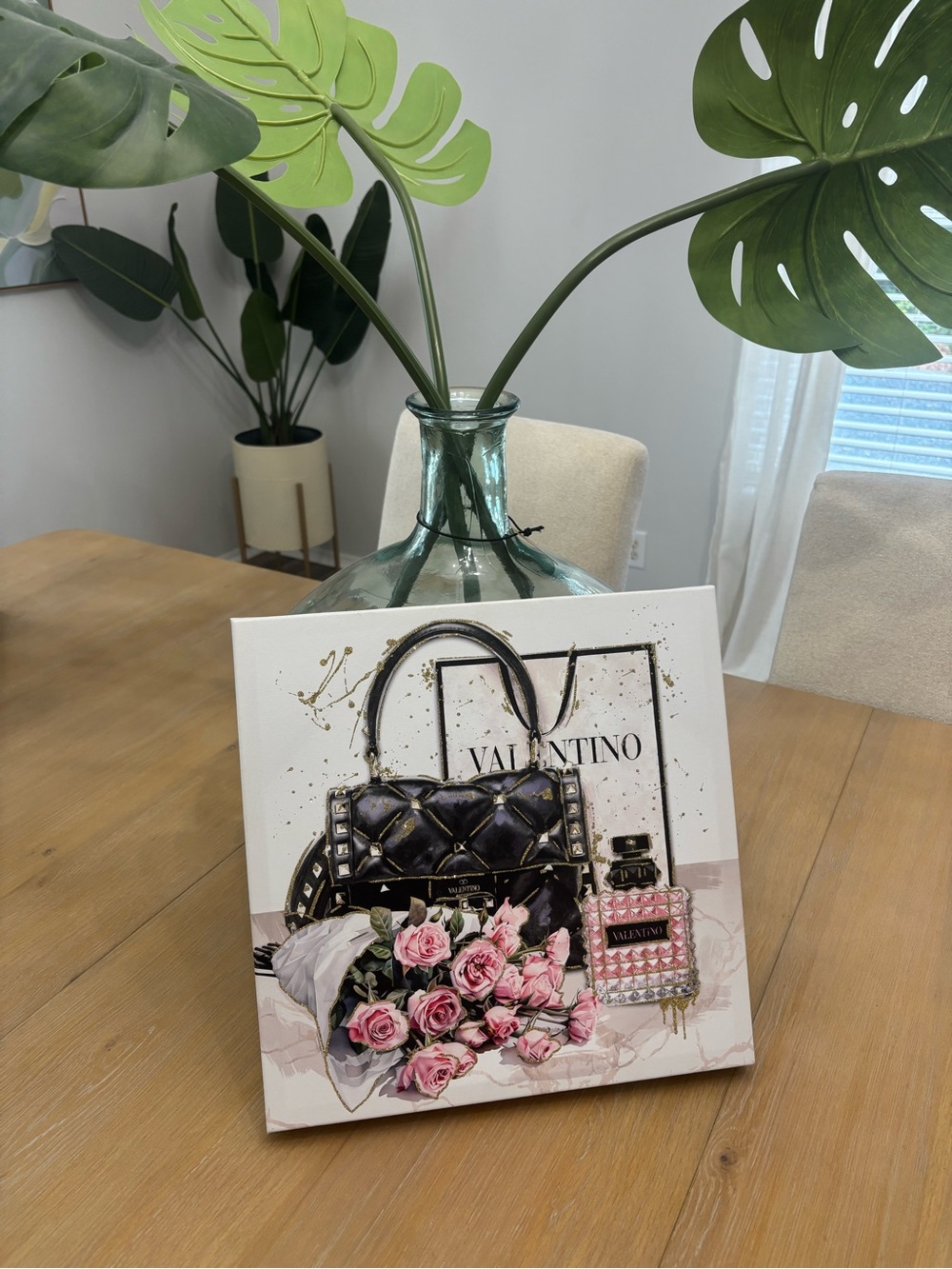 Valentino Black Quilted Shoulder Bag Canvas Art with Pink Roses